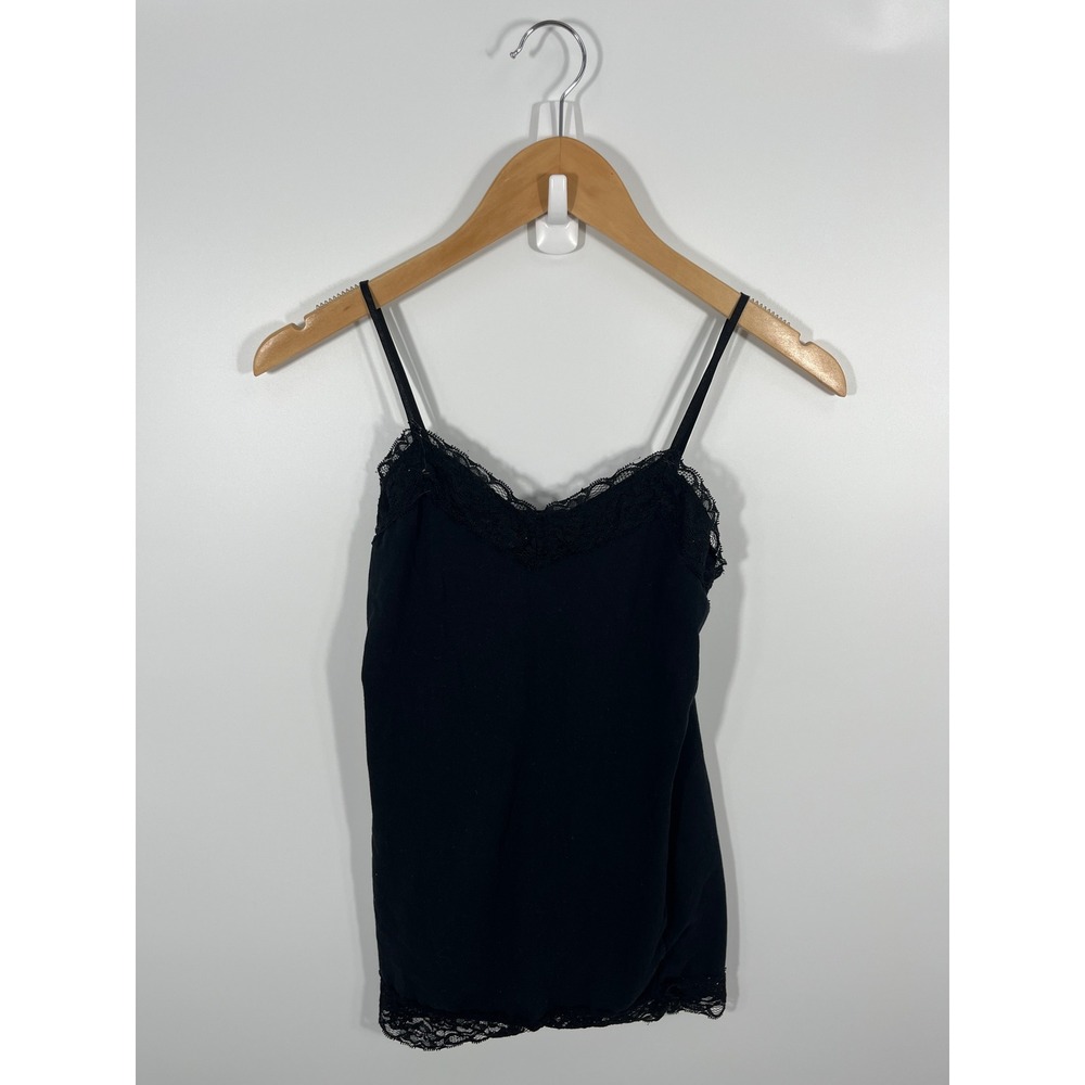 Y2K Women Cami Top M Black Lace Trim Minimalist Capsule Chic Euro Summer Stretch